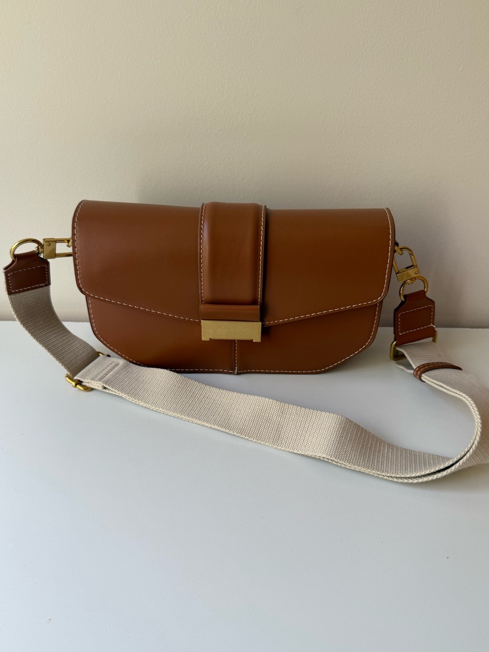 Zara Tan Brown Leather Crossbody with Beige Webbing Strap